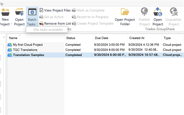 Screenshot of Trados Studio interface showing the ribbon with 'Save to Cloud' option and 'Batch Tasks' dropdown menu with a message 'No tasks available'. Below are listed cloud projects with their status as 'Completed'.