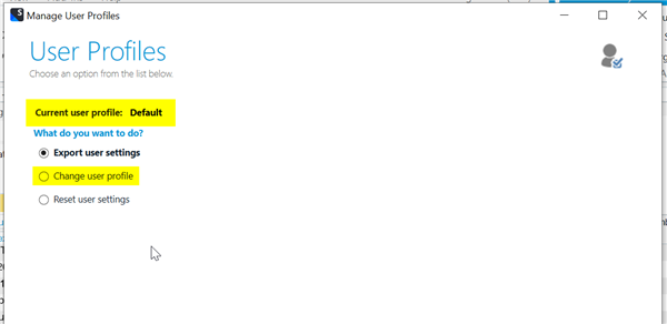Screenshot of 'Manage User Profiles' window in Trados Studio with 'Current user profile: Default' selected.