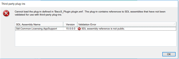 Error message in Trados Studio 2019 stating 'Cannot load the plug-in defined in BaccS_Plugin.xml'. It lists an SDL Assembly Name 'Sdl.Common.Licensing.AppSupport' with a validation error 'SDL assembly reference is not public'.