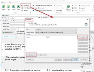 Trados Studio screenshot showing the Editor view with the Batch Edit option selected in the menu, and a Batch Edit window open with various settings.