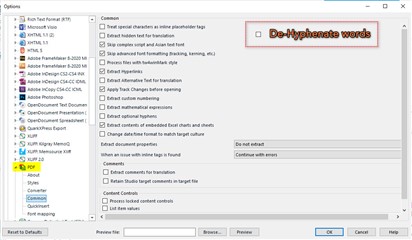 Trados Studio options menu with a red error message box highlighting the 'De-Hyphenate words' feature request.