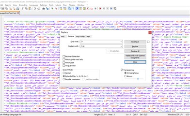 Trados Studio interface with a Find and Replace dialog box open, showing a 'String not found' error message in red.