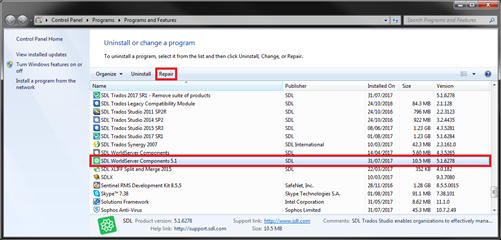 Control Panel window showing Programs and Features with SDL WorldServer Components 5.1 for Studio 2017 highlighted and the Repair button indicated above the list.