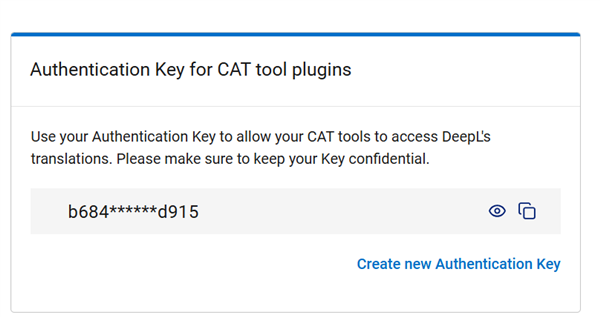 Screenshot showing the Authentication Key for CAT tool plugins with a partially hidden key 'b684******d915' and an option to create a new Authentication Key.