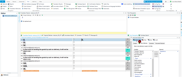 Trados Studio screenshot displaying the Editor view with an xliff file. The Advanced Display Filter is applied, showing filtered results for 'Repetitions' in the document.