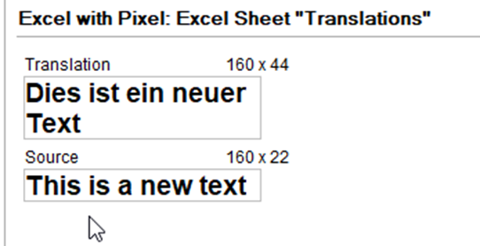 Screenshot of Trados Studio with WordWrap deactivated, showing the translation 'Dies ist ein neuer Text' with a hard line break, fitting within the width.