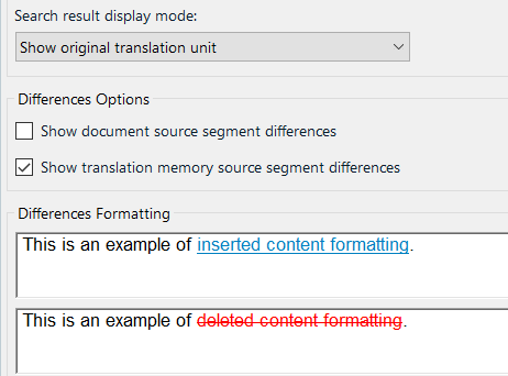 Trados Studio settings showing unchecked 'Show document source segment differences' and checked 'Show translation memory source segment differences'. Example of inserted and deleted content formatting is displayed.