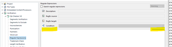 Screenshot of Trados Studio 2021 SR1 with the 'Condition' field visible but 'Ignore case' and 'Action' buttons missing.