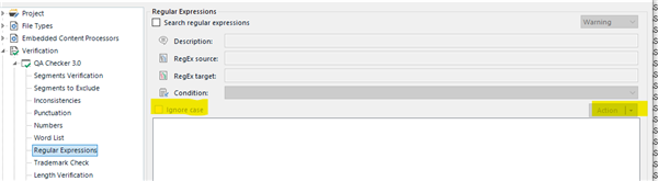 Screenshot of Trados Studio 2017 showing the 'Condition' field with 'Ignore case' checkbox and 'Action' dropdown visible.