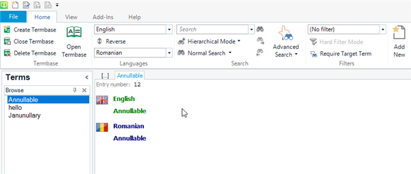 Trados Studio TermBase view with 'Annulable' term listed under English and Romanian without any visible errors or warnings.