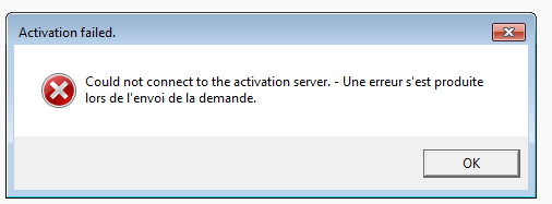 Error message in Trados Studio activation window reading 'Activation failed. Could not connect to the activation server. - Une erreur s'est produite lors de l'envoi de la demande.' with an OK button.