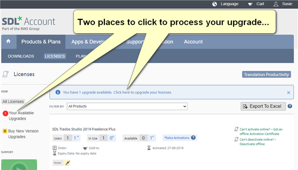 SDL Account webpage showing a notification for one upgrade available for Trados Studio 2019 Freelance Plus with highlighted areas indicating where to click to process the upgrade.