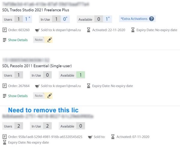 Screenshot of SDL Trados Studio 2021 Freelance Plus license management page showing 1 user, 1 in use, 0 available, and 1 extra activation with no expiry date.