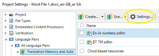 Trados Studio Project Settings window showing the 'Settings' button highlighted in the 'Translation Memory and Automated Translation' section.