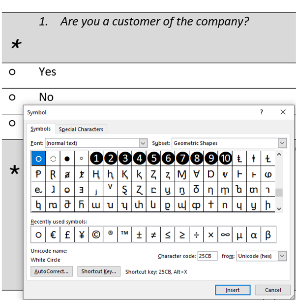 Screenshot of a symbol selection dialog box with a highlighted white circle symbol, Unicode name and character code displayed.