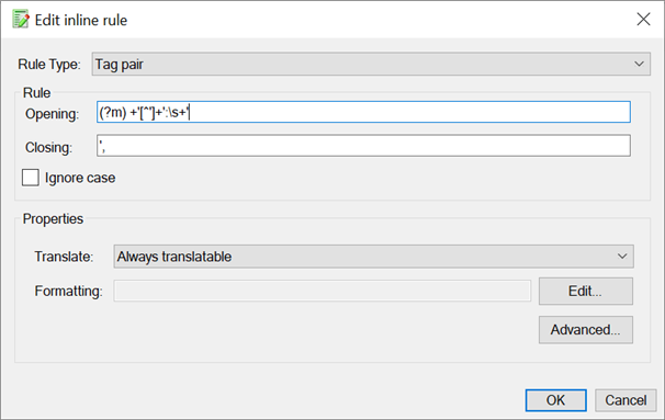 Edit inline rule dialog in Trados Studio with Rule Type set to Tag pair, opening pattern regex inputted, and closing pattern empty.