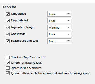 Screenshot of Trados Studio QA settings with options for tags added, tags deleted, tag order change, ghost tags, and spacing around tags, with corresponding error levels set to Error, Error, Warning, Note, and Note.