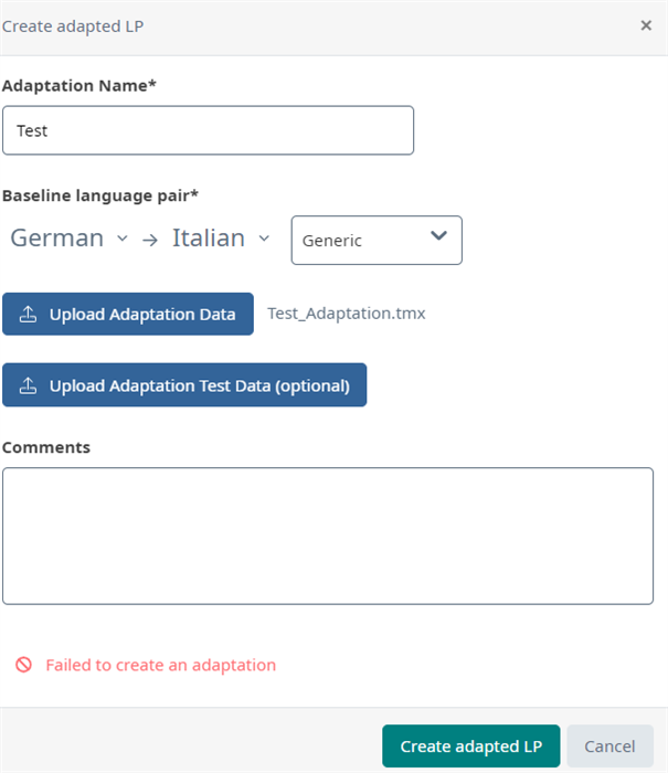 Trados Studio dialog box titled 'Create adapted LP' with fields for Adaptation Name, Baseline language pair selection German to Italian, and buttons to upload adaptation data and test data. An error message 'Failed to create an adaptation' is displayed at the bottom.