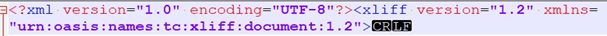 Screenshot of an XML file with XLIFF version and encoding details, displaying an error symbol next to the namespace declaration.