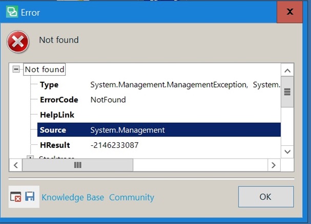 Error dialog box in Trados Studio with a red cross icon and the message 'Not found'. Details show Type as System.Management.ManagementException and ErrorCode as NotFound.