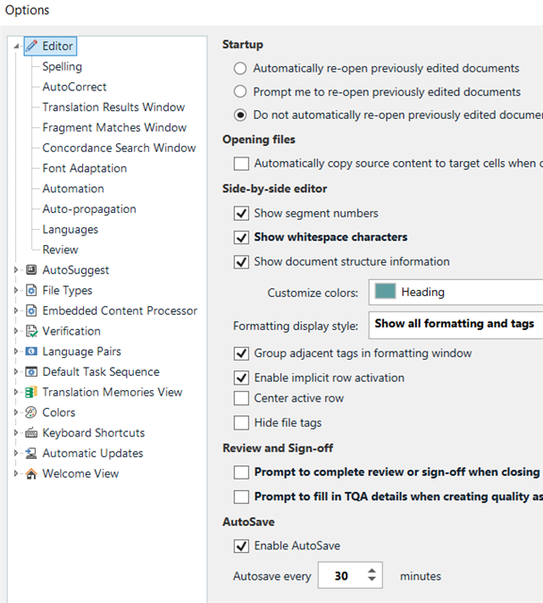 Screenshot of Trados Studio 2024 options menu with Editor settings visible. Autosave is enabled to save every 30 minutes.
