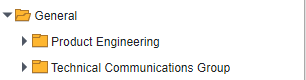 Screenshot showing a folder structure with three folders. The top-level folder is named 'General' with two subfolders: 'Product Engineering' and 'Technical Communications Group'.