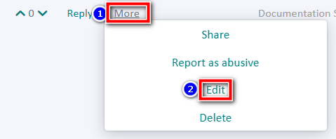 Screenshot showing an online forum interface with a 'More' dropdown menu open, containing options 'Share', 'Report as abusive', and 'Edit'. The 'Edit' option is highlighted.