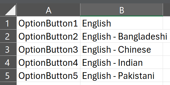Screenshot of an Excel spreadsheet with two columns, A and B, showing translated captions for ethnic origins with options such as English, English - Bangladeshi, English - Chinese, English - Indian, and English - Pakistani.