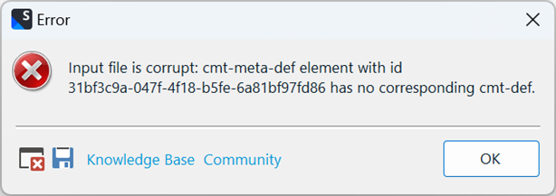 Error dialog box from Trados Studio with a red cross icon indicating an error. The message reads 'Input file is corrupt: cmt-meta-def element with id xxxxxxxx-xxxx-xxxx-xxxx-xxxxxxxxxxxx has no corresponding cmt-def.' Below are buttons for 'Knowledge Base' and 'Community', and an 'OK' button.