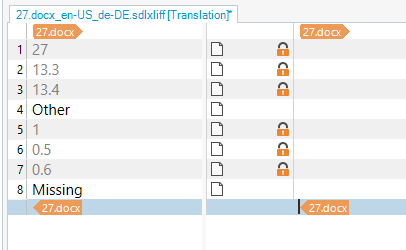 Trados Studio interface showing a list of segments with warnings for 'Other' and 'Missing' in the target column, indicating potential issues.