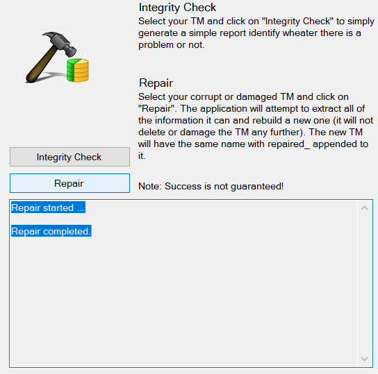 Trados Studio plugin interface showing 'Integrity Check' and 'Repair' options with a message indicating repair completed.