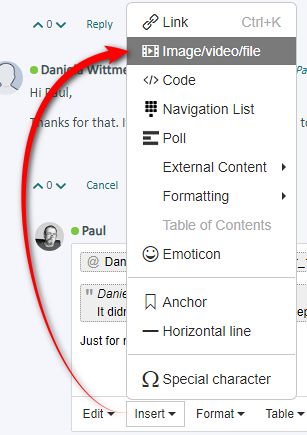 Screenshot of a message composition interface with a dropdown formatting menu open. The highlighted option is 'Image/video/file' for attaching media to the message. There is a partially visible conversation between users named Paul and Daniel Wittemberg, with a red curved line drawn pointing to the formatting menu.