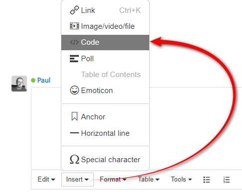 Screenshot showing a user interface with an arrow pointing from the 'Code' option in a text editor toolbar towards a user profile icon labeled 'Paul'.