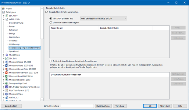 Trados Studio project settings window showing options for processing embedded content with a dropdown menu for HTML Embedded Content 5.2.0.0.