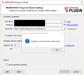 MEMSOURCE Plugin for Studio settings dialog box with an error message 'Unable to connect to the remote server'. User credentials are partially visible with obscured username. The 'Login' button is unchecked indicating a failed login attempt.