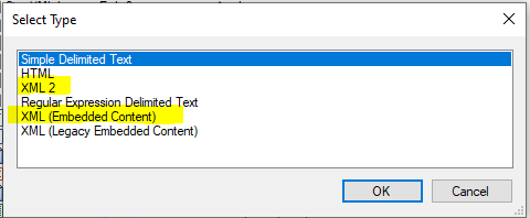 Trados Studio dialog box showing file type options including XML 2 and XML (Embedded Content).