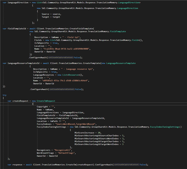 Screenshot of Trados Studio code for creating a new Translation Memory with variables for language direction, field template, and language resource template. No visible errors or warnings.