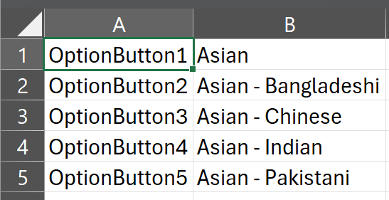 Screenshot of an Excel spreadsheet with two columns, A and B, listing OptionButton names and their corresponding captions for ethnic origins such as Asian, Asian - Bangladeshi, Asian - Chinese, Asian - Indian, and Asian - Pakistani.