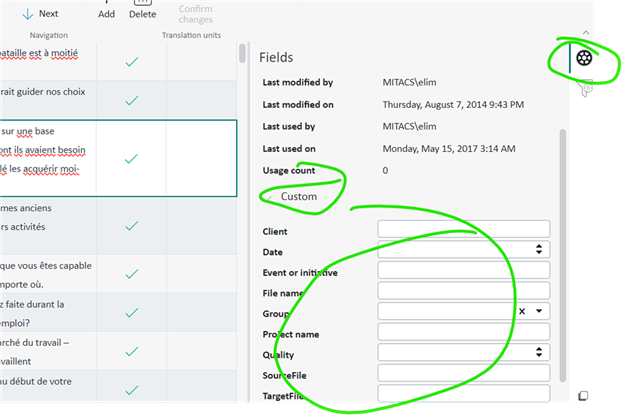 Screenshot of Trados Team Ideas interface showing the Fields section with a focus on the Custom fields area, highlighted by a green circle. A settings icon is circled at the top right.