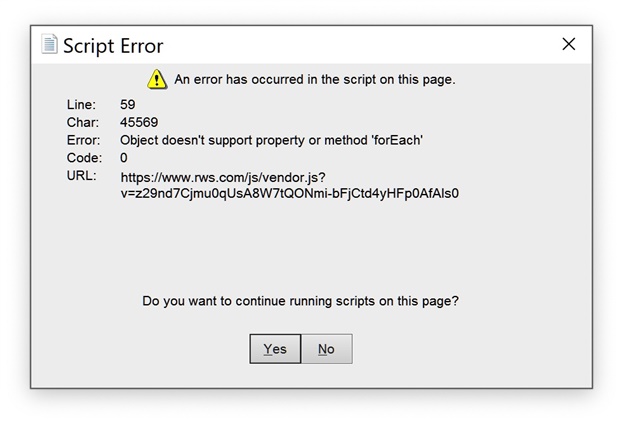 Script Error dialog box showing an error has occurred in the script on this page at line 59, character 45569. Error: Object doesn't support property or method 'forEach'. URL provided. Options to continue running scripts: Yes or No.