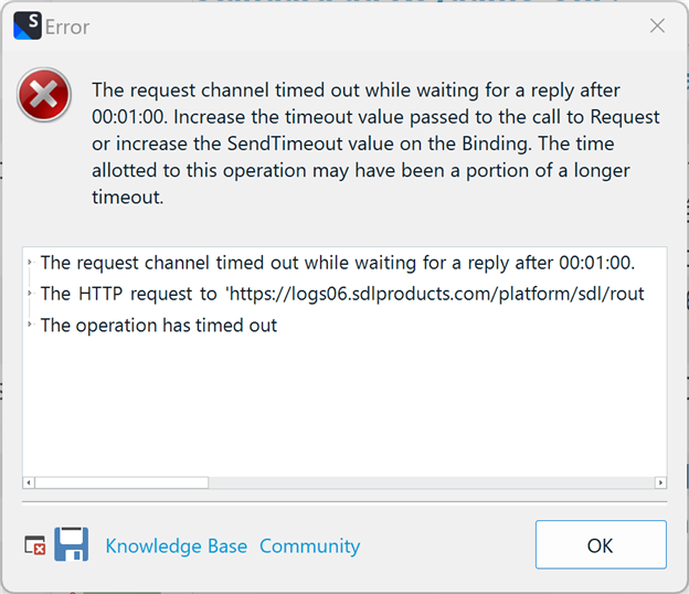 Error dialog box in Trados Studio indicating a request channel timeout and suggesting to increase the timeout value or the SendTimeout value.
