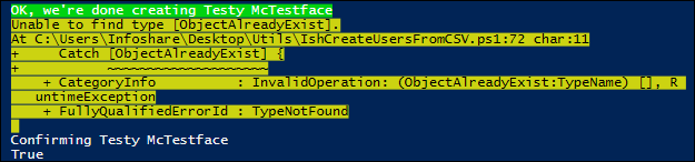 PowerShell warning message stating 'Unable to find type ObjectAlreadyExist.' with a path to the script file and line number, indicating a type not found exception.