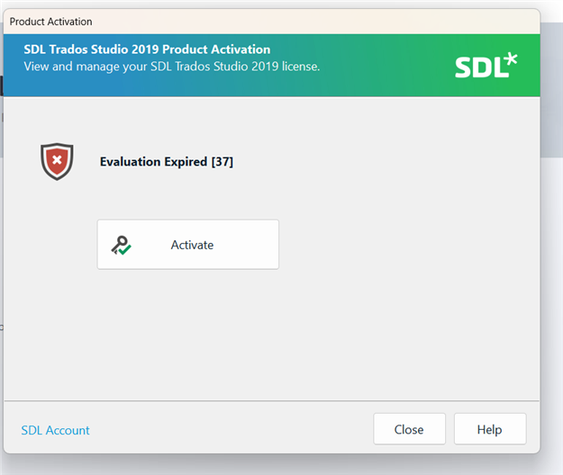 SDL Trados Studio 2019 Product Activation window showing an error message 'Evaluation Expired 37' with an Activate button.