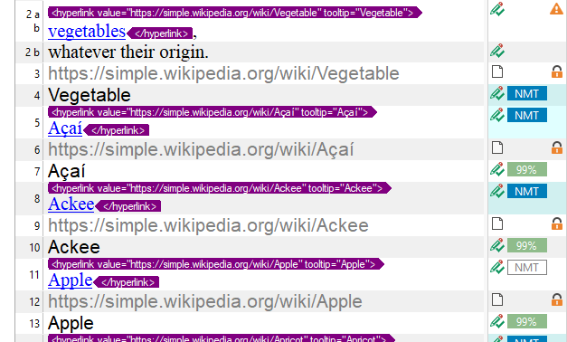 Screenshot of Trados Studio showing a list of hyperlinked text segments with alternating lines starting with 'hyperlink' tags. Lines 5, 8, 11 are highlighted to indicate the user's desire to exclude them from view.