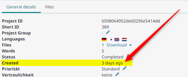 Screenshot of Trados Enterprise customer portal's project details view highlighting the 'Created' field showing '3 days ago' instead of a specific date.