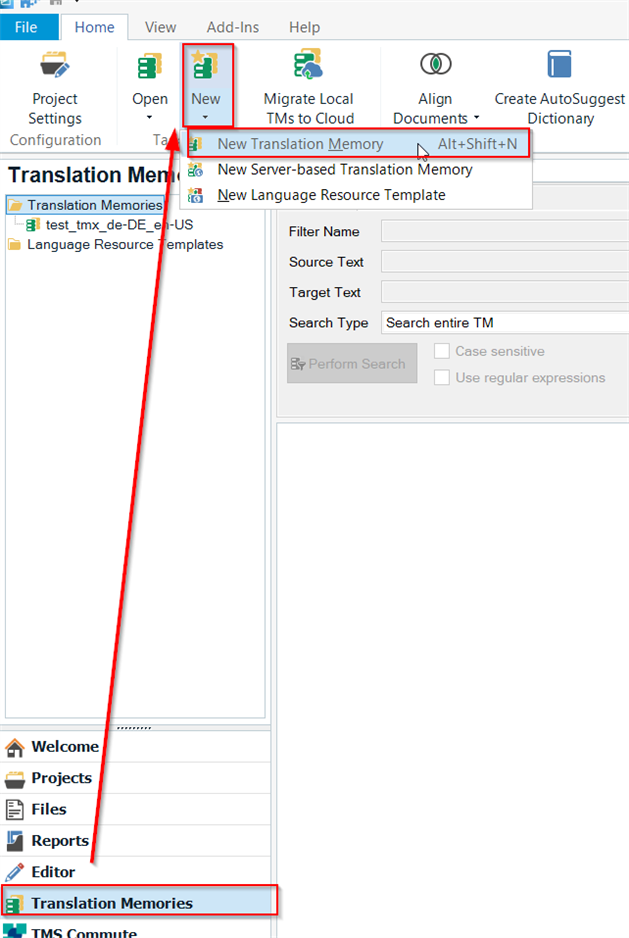 Trados Studio screenshot showing the Translation Memories view with the 'New' button highlighted and a dropdown menu with 'New Translation Memory' option selected.