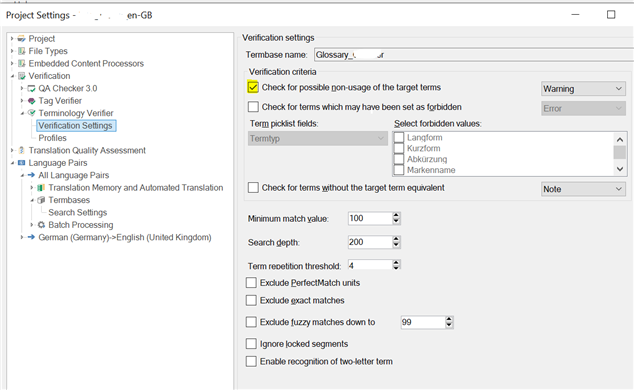 Trados Studio Verification settings window with options for term base name, verification criteria, and term recognition threshold settings.