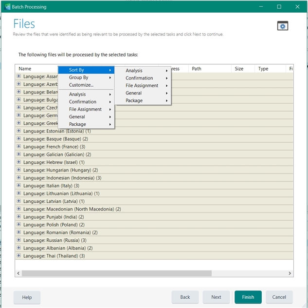 Screenshot of Trados Studio batch processing window showing a list of files with languages like Assamese, Azerbaijani, and others, with options to sort by various criteria.