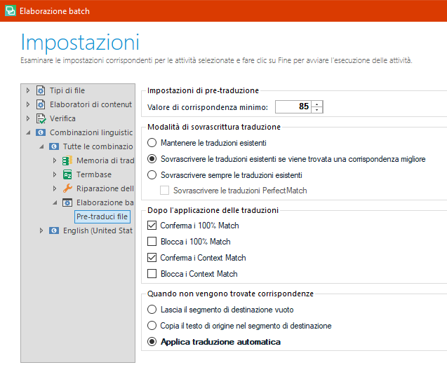 Trados Studio settings window with options for file types, content processing, verification, and linguistic combinations. Pre-translation settings are highlighted with a minimum match value of 85.