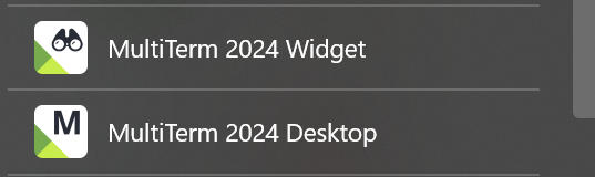 Two icons on a dark background. Top icon is labeled 'MultiTerm 2024 Widget' with a green and white design. Bottom icon is labeled 'MultiTerm 2024 Desktop' with a green 'M' on a white background.